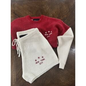 Spirit Jersey Knit Sweater Shorts Oversized Extra Small Red Cream New York City